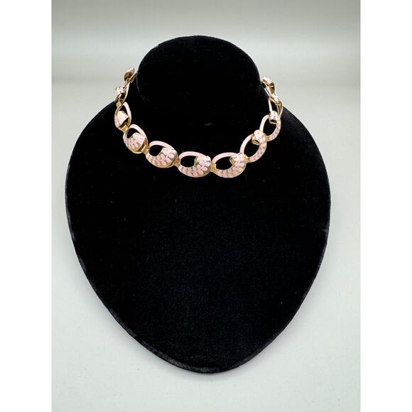 Vintage Pink Painted Floral Design and Gold Tone Link Choker Necklace - Picture 2 of 8